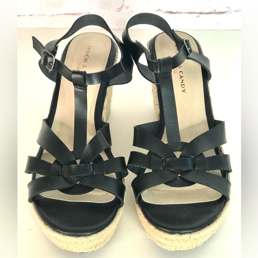 ROCK & CANDY Fola Espadrille Jute Wrapped Wedge Sandals 8.5 Black faux leather - Picture 7 of 16